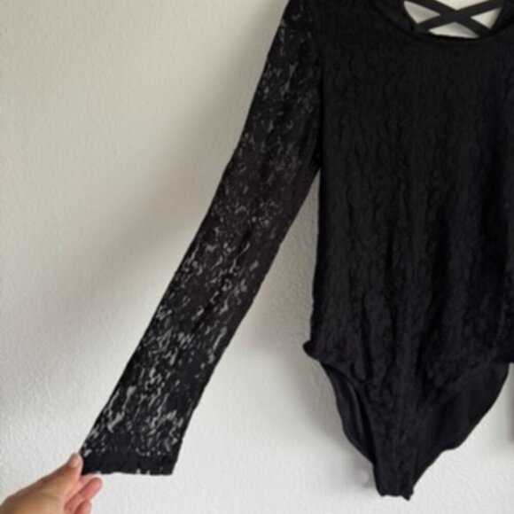 🩵 Black Lace Balletcore Bottom Snap Bodysuit Witchy Whimsygoth L - Picture 4 of 7